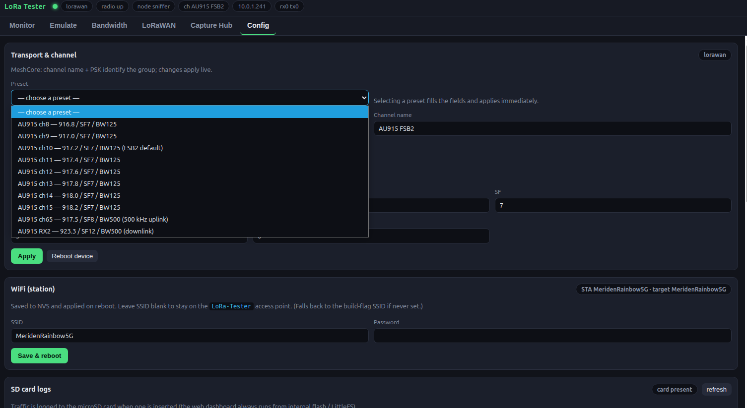 LoRaScope config tab: radio, channel, spreading factor and node settings