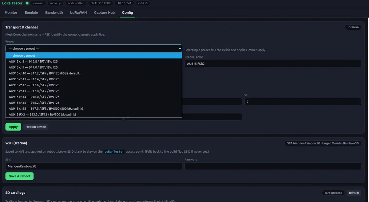 LoRaScope config tab: radio, channel, spreading factor and node settings