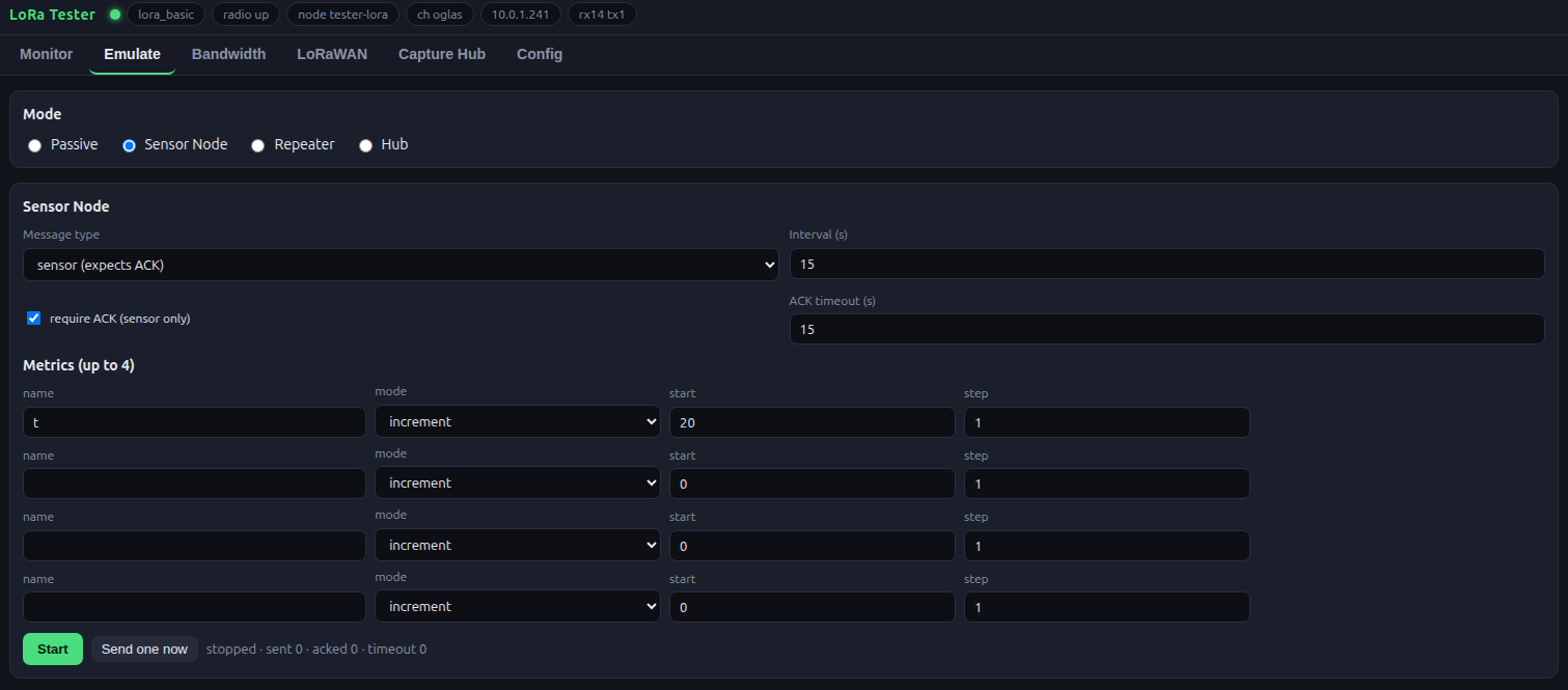 LoRaScope emulate tab: inject and replay test packets