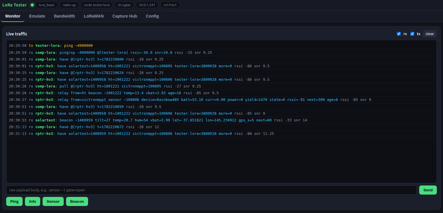 LoRaScope monitor tab: decoded packets with RSSI, SNR, source and payload