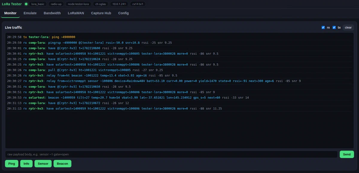 LoRaScope monitor: real-time decoded packets with metadata